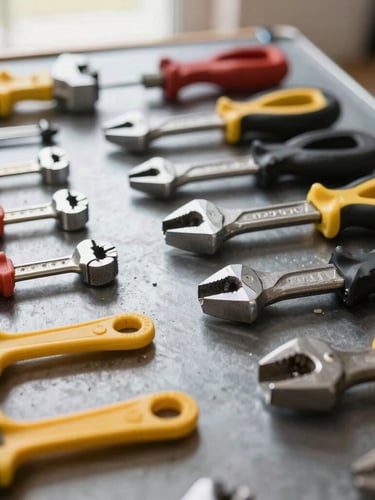 Close-up of clean, professional construction tools arranged neatly on a dark metal workspace, sharp focus, natural daylight.