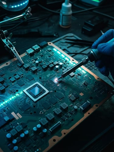 Moody tech photography of a gaming console motherboard under repair, soldering iron tip near microchips, vibrant electric blue and neon green LED reflections, dark textured background, sharp macro details, 35mm lens
