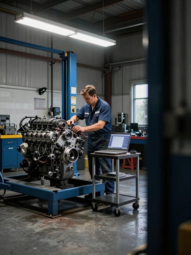 Wide panoramic interior of a diesel workshop, mechanic leaning over a large engine on a lift to the left, diagnostic laptop open on a rolling cart, tungsten overhead lights, deep shadows on right side of frame
