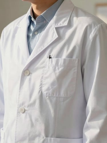 Close-up of a high-quality white medical lab coat with reinforced stitching, crisp fabric texture, warm natural daylight, professional tailoring studio setting, 50mm lens