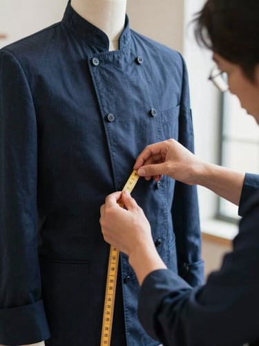 A professional tailor measuring a dark blue chef jacket on a mannequin, soft natural light, warm workshop environment, focus on fabric texture and measurement details, 50mm lens