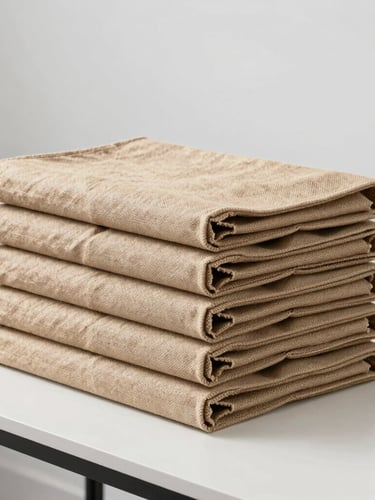 A stack of folded premium jute bags on a clean warehouse inspection table, natural overcast daylight, professional logistics setting