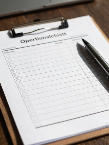 A close-up shot of a clean, structured operational checklist on a desk with a pen, bright natural daylight, sharp shadows.