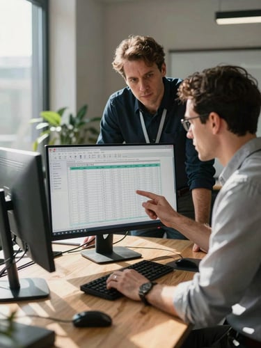 A bright, high-contrast collaborative workspace with two operations managers reviewing a detailed spreadsheet on a monitor, natural daylight casting sharp shadows on a wooden table.