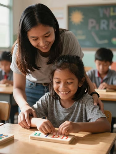 Foto setinggi mata anak memperlihatkan seorang anak perempuan lokal usia 5 tahun tersenyum ceria sambil memegang balok huruf kayu bersama gurunya di dalam kelas yang terang benderang oleh cahaya matahari alami.