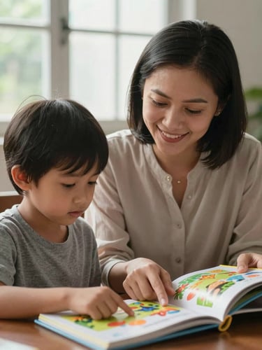 A local female tutor in Semarang smiling gently while guiding a 5-year-old child pointing at a colorful picture book, soft window daylight, eye-level framing.