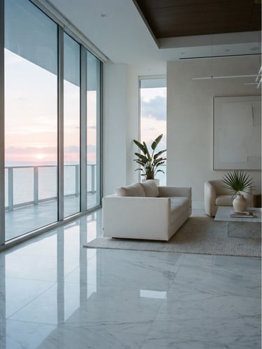 A portrait-oriented architectural photograph of a Miami Beach penthouse interior, floor-to-ceiling windows showing a soft ocean horizon at dawn, pristine white marble floor reflecting natural coastal light, minimalist and quiet, 35mm