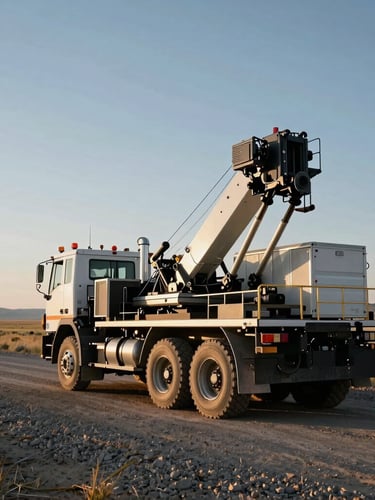 High-contrast portrait of a heavy mobile machining truck parked on a dusty Wyoming gravel road, dramatic evening light hitting the steel crane arm, vast horizon behind.