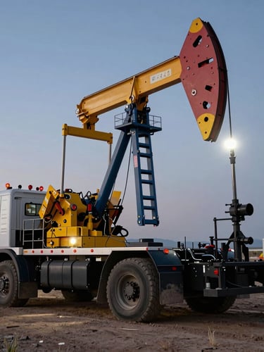 A rugged heavy-duty mobile machining rig mounted to a service truck, parked on a dusty Wyoming oil field at dusk, harsh work lights illuminating the mechanical arm.