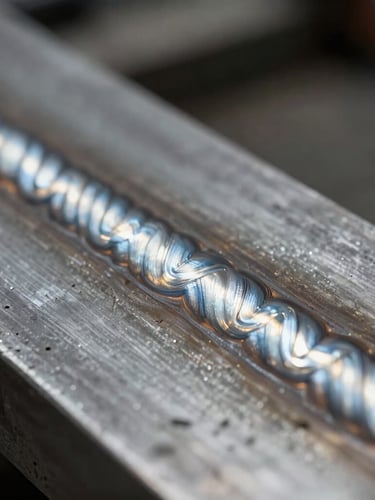 Macro close-up of a clean, uniform weld bead on thick steel plate, glowing metal cooling under high-contrast industrial lighting, shallow depth of field
