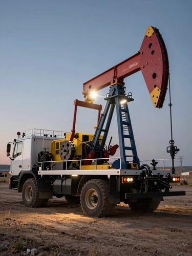 Heavy-duty mobile machining truck rigged up on a dusty Wyoming oil field site at dusk, harsh work lights illuminating the crane arm, high-contrast industrial composition.