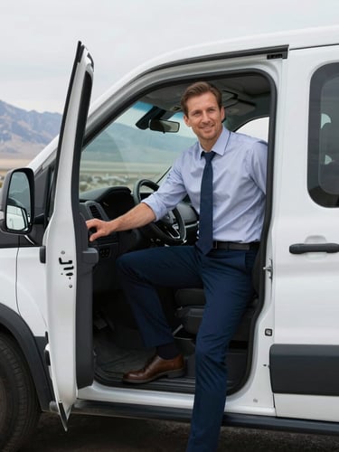 Professional driver in smart-casual attire opening the door of a clean, late-model transit vehicle, bright morning daylight, crisp navy and white tones, professional composition, 50mm lens, Salt Lake mountain backdrop