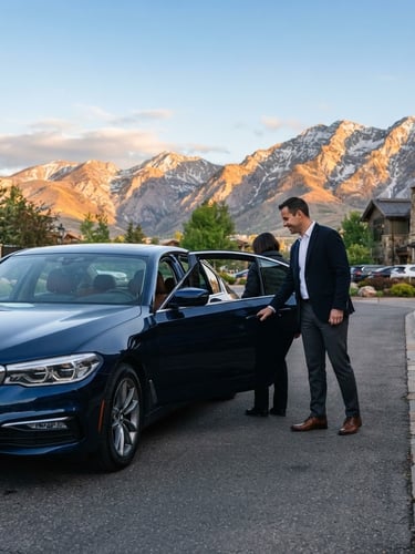 Clean, late-model executive sedan parked at sunrise in front of the Wasatch mountains, professional driver in smart-casual attire opening the rear passenger door, crisp morning light, 50mm lens