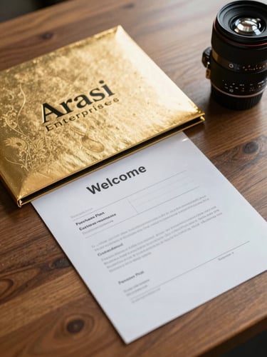 A close-up of a premium gold-embossed Arasi Enterprises welcome kit and transparent purchase plan agreement on a polished wooden table