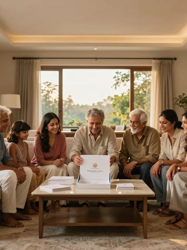 Wide panoramic 21:9 framing, warm golden-hour interior lighting. A multi-generational Indian family sitting together in a modern living room, reviewing a clean, premium welcome kit on a coffee table, smiling with pride.