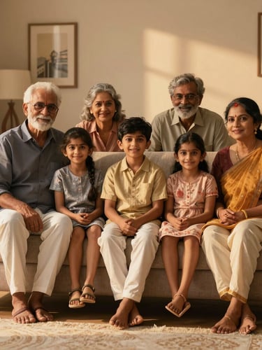 A proud multi-generational Indian family sitting together on a premium modern sofa in a warm, beautifully lit living room in Karnataka, golden hour light