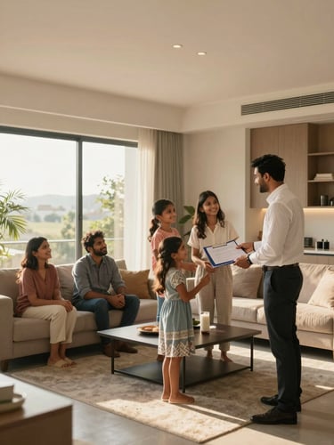 Wide panoramic interior at golden hour, a professional representative in a crisp shirt handing a welcome folder to a smiling Indian family in a modern living room, soft natural light, expansive framing with negative space on the left.