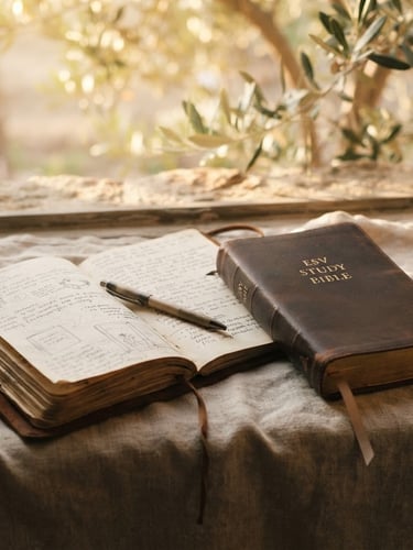 A quiet, warm editorial photograph of an open leather journal and a Bible on a rustic linen cloth, soft morning sunlight filtering through olive leaves, 35mm shallow depth of field.