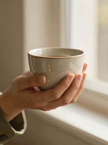 Close-up of a woman's hands gently holding a warm ceramic cup, soft natural window light, muted olive sleeve, peaceful and reflective atmosphere, 35mm.