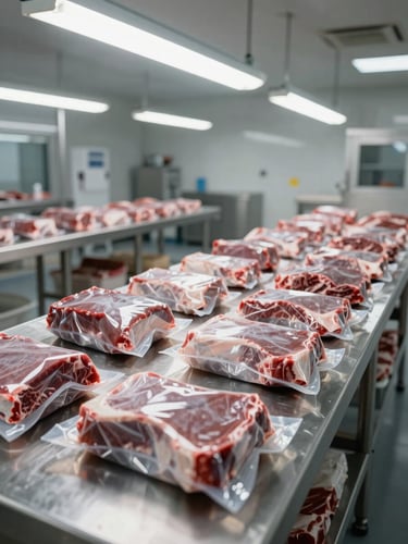 Wide environmental shot of a clean professional meat processing workspace — a stainless steel cutting table with vacuum-sealed packages being wrapped under consistent overhead fluorescent light, no workers visible, emphasizing surface cleanliness and ordered packaging