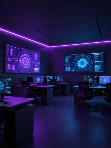 Wide shot of a sleek, dark-mode modern tech office interior with neon violet and electric blue lighting, featuring abstract data visualizations on large screens, 35mm.