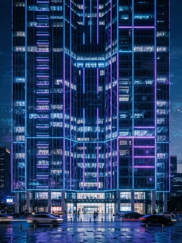 Wide shot of a sleek, modern high-rise building facade at dusk, with glowing electric blue and violet lights, a subtle translucent UI overlay showing data flows, 35mm, dark-mode tech photography.