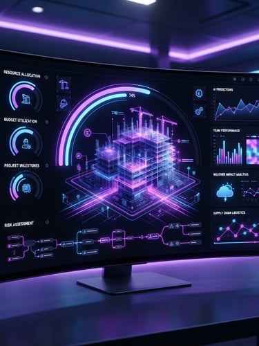 Interfaz de software de gestión de proyectos para una constructora, con gráficos de progreso y elementos de IA, en un entorno oscuro con luces de neón violeta y azul.
