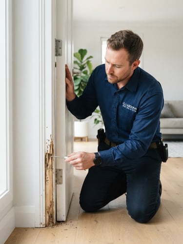 Professional pest control technician in a clean, branded uniform inspecting a wooden door frame for termites inside a bright, modern home, natural daylight, precise focus.