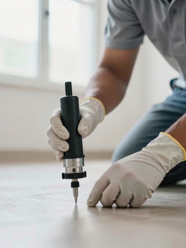 Close-up of a professional pest control technician's hands in gloves, operating precision treatment equipment on a floor, bright clean indoor lighting, branded uniform visible, Delhi NCR setting.