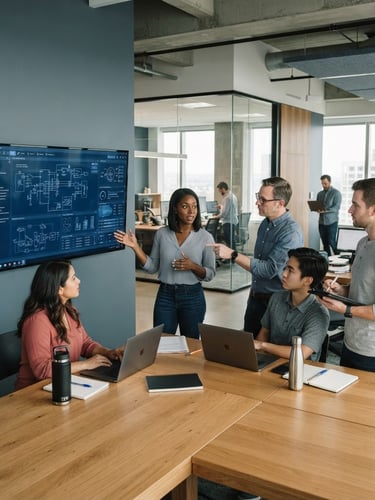 Wide shot of a modern, collaborative engineering workspace bathed in natural daylight, with a diverse team of focused professionals engaged in technical discussions around a large monitor. Cool slate and deep blue tones, shallow depth of field.