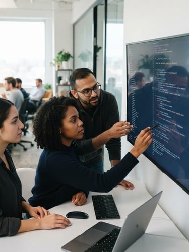 Close-up of a diverse engineering team collaborating on code on a large monitor in a modern, daylight-filled office, reflections of code visible, shallow depth of field, cool slate and deep blue tones.