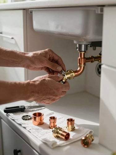 Close-up of a technician's hands tightening a copper pipe fitting under a kitchen sink, natural daylight streaming from a nearby window, tools and fittings organized on a drop cloth beside the cabinet — Mesa home interior, no faces visible