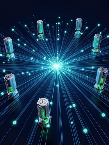 futuristic 3D render of glowing data streams connecting industrial sensors, deep navy background, electric blue and emerald accents, wide aspect