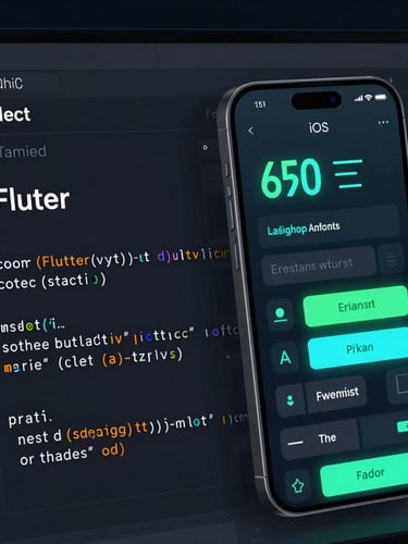 A high-contrast dark-mode IDE interface showing a clean Flutter widget code block on the left, and an iOS mobile app mockup with glowing cyan and neon green UI elements on the right, isometric angle, crisp vector rendering.