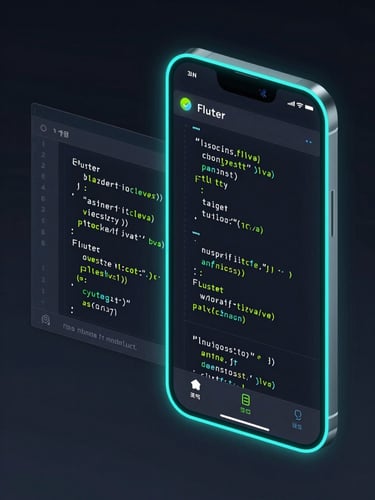 Isometric UI UX mockup of a mobile application interface next to a glowing code editor showing clean Flutter syntax, dark background, cyan and neon green accents.