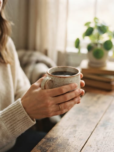 A hand holding a warm ceramic mug in soft morning light, cozy environment, low contrast, muted earthy tones