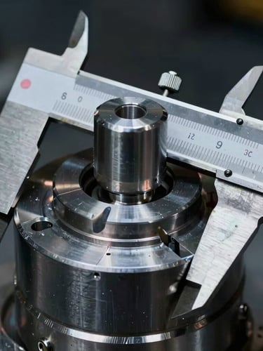 Macro close-up of a high-precision aerospace component machined from solid steel, visible machining lines, precise caliper measuring, dramatic industrial lighting