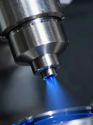 Macro close-up of CNC turning machine cutting raw titanium with high-contrast blue coolant spray, dramatic industrial lighting, sharp metal textures, 50mm lens