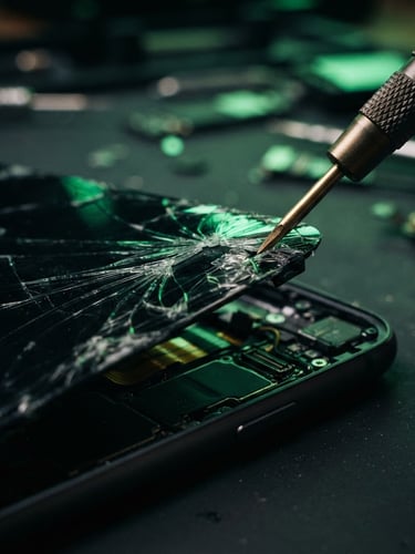 Extreme macro close-up of a precision screwdriver lifting a cracked phone screen, green neon workbench lighting reflecting off the glass, shallow depth of field