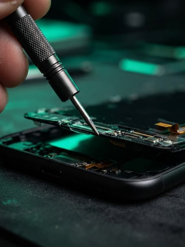 Extreme close-up of a precision screwdriver lifting a mobile phone screen on a clean dark workbench with neon green backlighting, 50mm macro photography