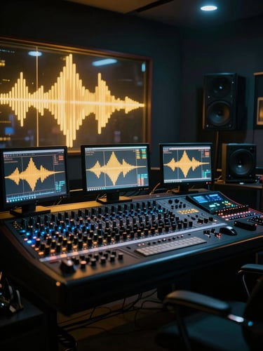 Cinematic wide shot of a futuristic, dimly lit music studio with glowing hardware, golden soundwaves on monitors, and a sleek mixing console under moody neon lighting.