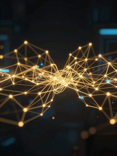 Abstract golden soundwaves morphing into a precise digital neural network, dark background, subtle blue neon accents, cinematic