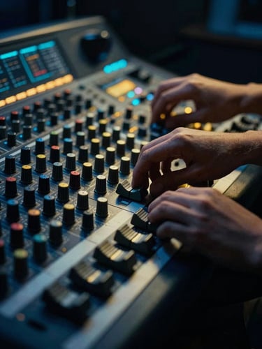Close-up of hands adjusting a high-end mixing console, neon blue and gold backlighting, shallow depth of field, moody studio atmosphere