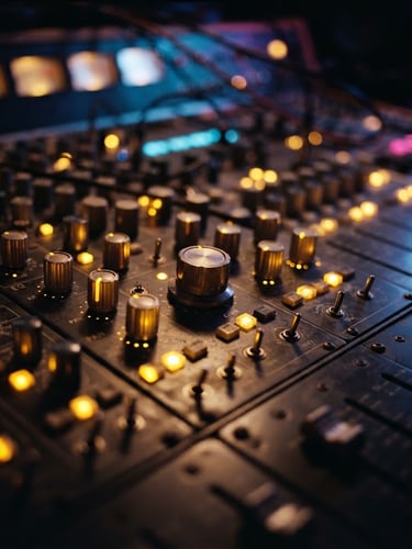 Extreme close-up of high-end analog mixing console dials glowing under warm gold studio lights, sharp focus, 35mm cinematic