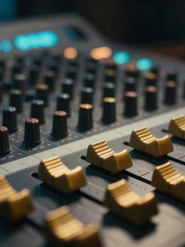 Cinematic close-up of a high-end mixing console in a dimly lit studio, glowing gold faders, soft neon blue light in the background, shallow depth of field, 35mm