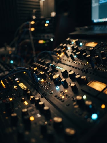 Moody music studio close-up, glowing hardware interfaces with gold dials, dark cybernetic atmosphere, shallow depth of field, 35mm