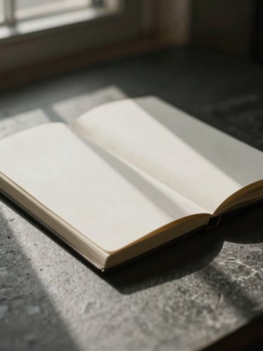 Tactile details of a dark stone desk, high-end heavy paper notebook, architectural shadows from a window, desaturated warm grays, shallow depth of field