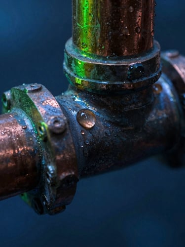 A macro close-up of a corroded copper pipe joint with a single water droplet forming under dramatic neon-green and cool blue key light, 35mm photography.