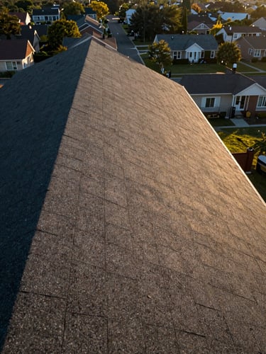Wide environmental shot from roof level, finished asphalt shingle installation on a residential slope, warm late-afternoon daylight raking across the surface, surrounding neighborhood visible below, no people, documentary framing