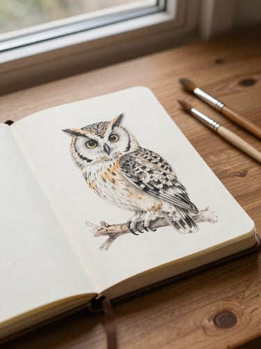 An open sketchbook showing a delicate pencil and watercolor drawing of an owl perched on a branch, surrounded by paintbrushes on a wooden table